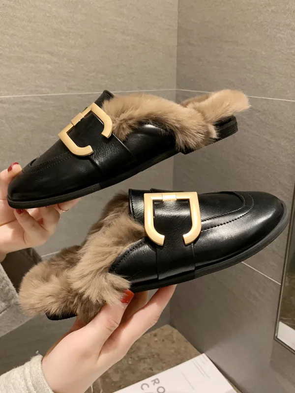 

New Style Plush Slipper Women's Outer Wear 2019 Autumn New Style Korean Version of the Head Metal Buckle Semi-Slipper Online Cel