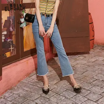 

ELFSACK Blue Solid Pearls Beaded Washed Casual Women Denim Jeans 2020 Spring Black New Pure Female Korean Daily Flare Trousers