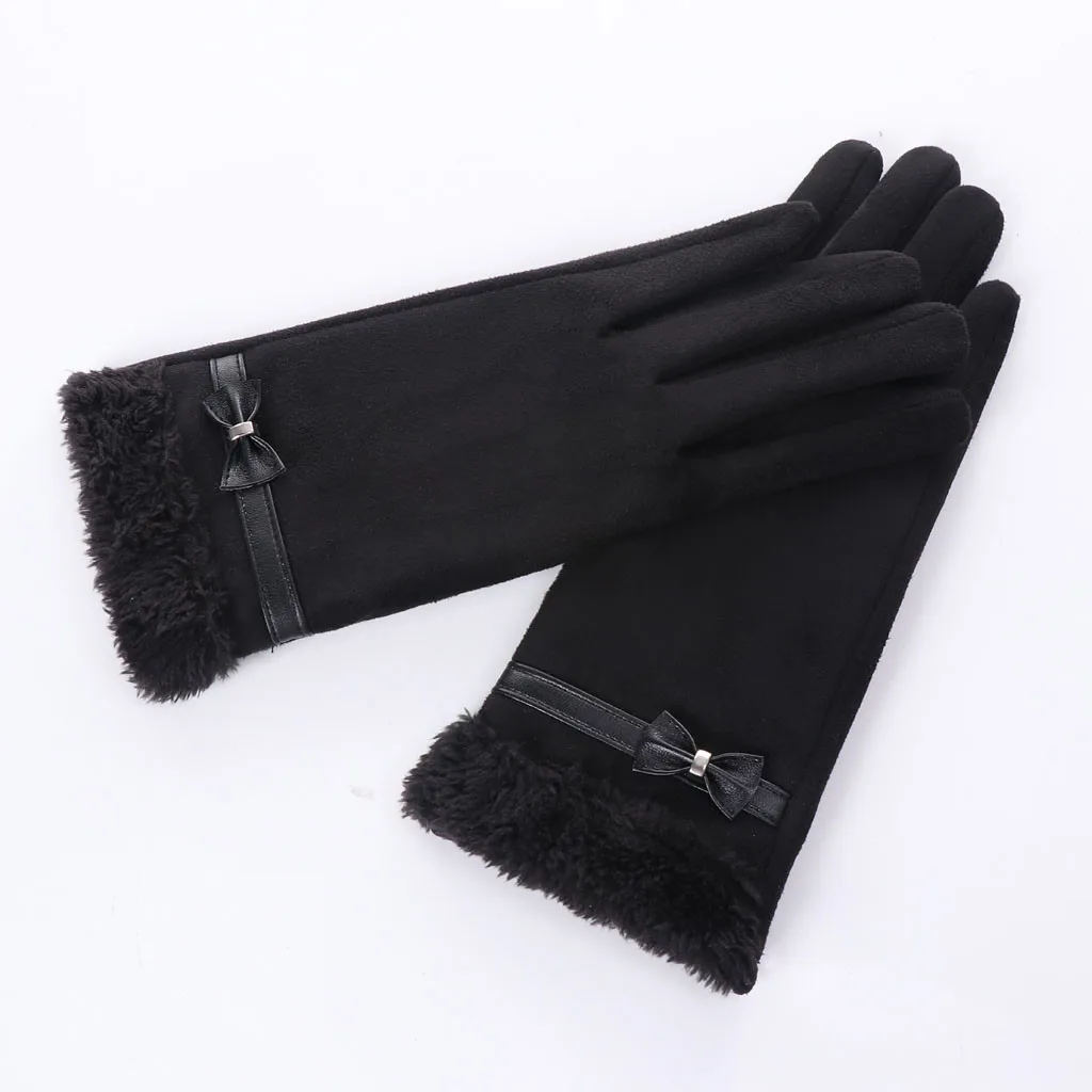 Black elegant Bow leather Pearl gloves full Finger Outdoor Women Thicken Winter mittens Warm Bowknot Thermal Fleece Gloves