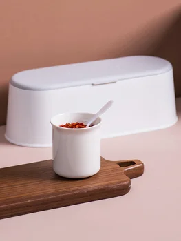 

Home pottery condiment pot with spoon set kitchen box bottle household salt box condiment pot