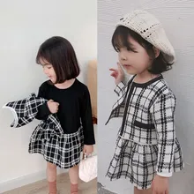 Г. Весенне-осенний клетчатый кардиган для маленьких девочек, пальто+ платье, комплект детской одежды для девочек, брендовый комплект одежды бежевого цвета