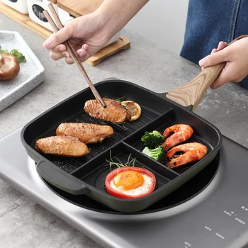 

Home Kitchen Aluminum 3 Section Frying Pan Ergonomic Design Dining Meal Skillet Non Stick Anti Scalding Breakfast Pot Griddle