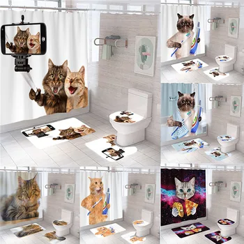 

Big Cats 3D Printed Waterproof Shower Curtains Set Anti-slip Cute Pets Polyster Bathroom Mats Set Soft Rugs Toilet Cover Carpets