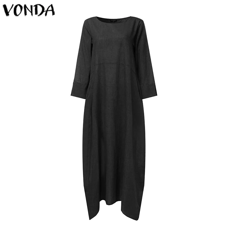 VONDA, летнее богемное платье с круглым вырезом и рукавом 3/4, женские повседневные однотонные вечерние платья размера плюс, пляжный сарафан, Femme Robe 5XL