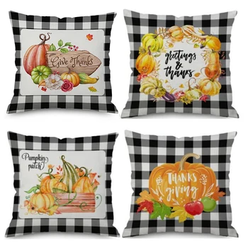 

Thanksgiving Plaid Pillow Case x4 18 x 18 Inch, Happy Thanksgiving Autumn Pumpkin Throw Pillow, Autumn Farm Truck Harvest Maple
