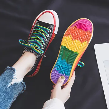 

2020 New Rainbow Bottom Canvas Shoes Flat With Color Lace Summer Women Spring Vulcanized Shoes Casual Sneakers Platform Shoes