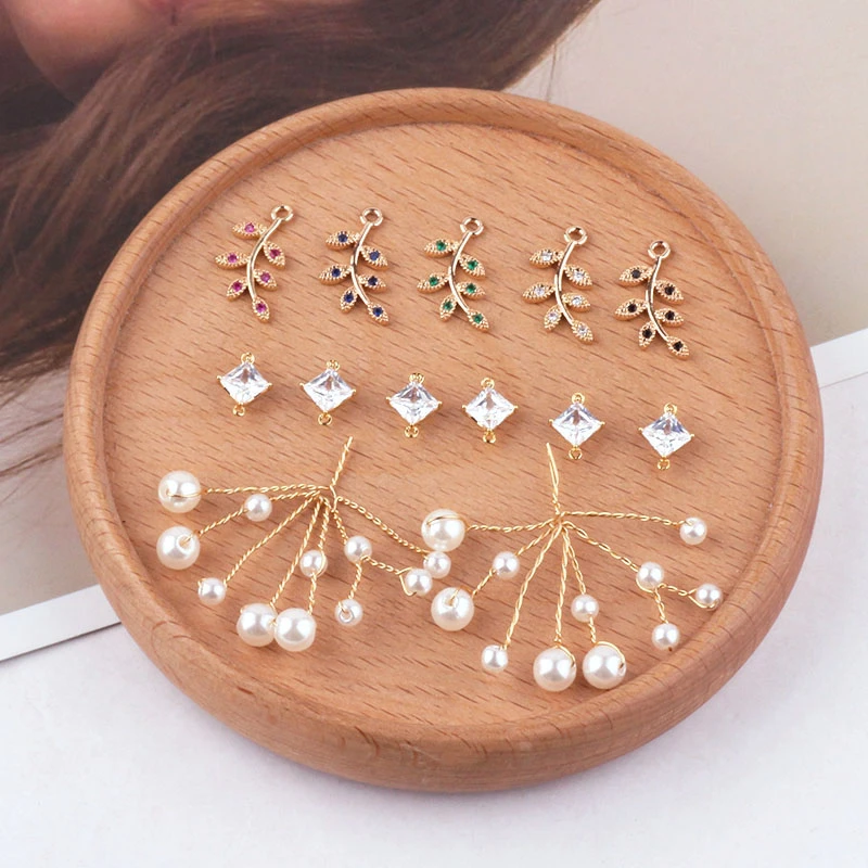 6pcs Korean copper-plated Color Leaf Zircon Earring Accessories Pearl Earrings For Women Pendant Material Diy Handmade Jewelry | Украшения