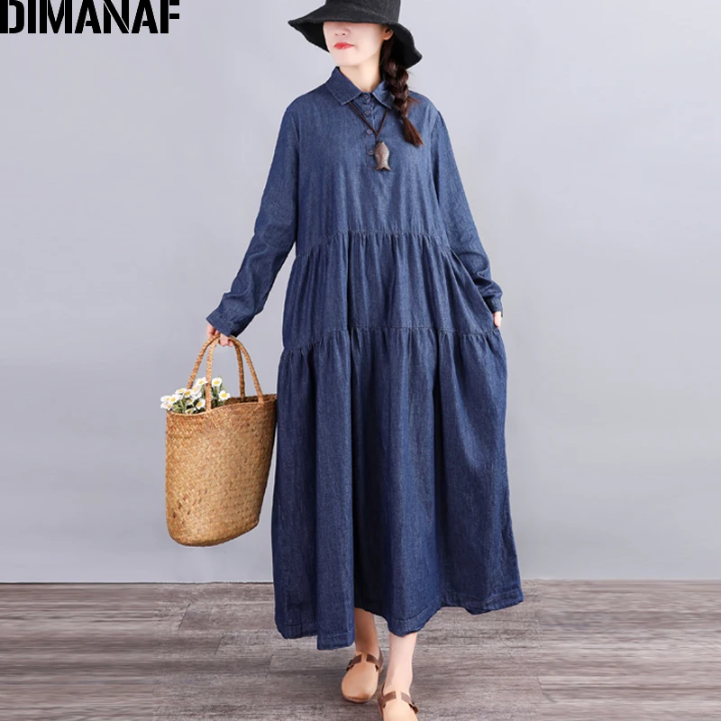 

DIMANAF Plus Size Women Dress Autumn Vintage Casual Denim Loose Pleated Lady Vestidos Long Sleeve Dress Female Clothing 2019 New