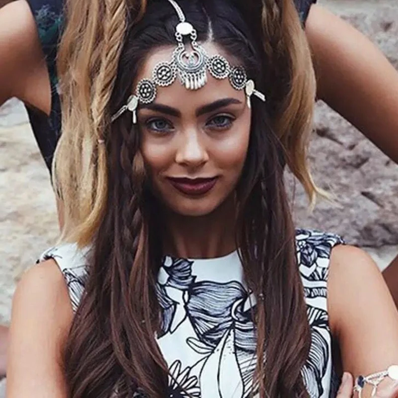 Everkaki Boho серебряный металлический Плетеный головной убор праздничный головной убор индийский этнический головной цепочка цыганские аксессуары для волос ювелирные изделия для женщин