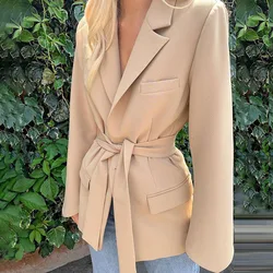 Senhoras do escritório elegante moda blazer cardigan rendas up cintura de manga comprida lapela jaqueta feminina com cinto casual workwear