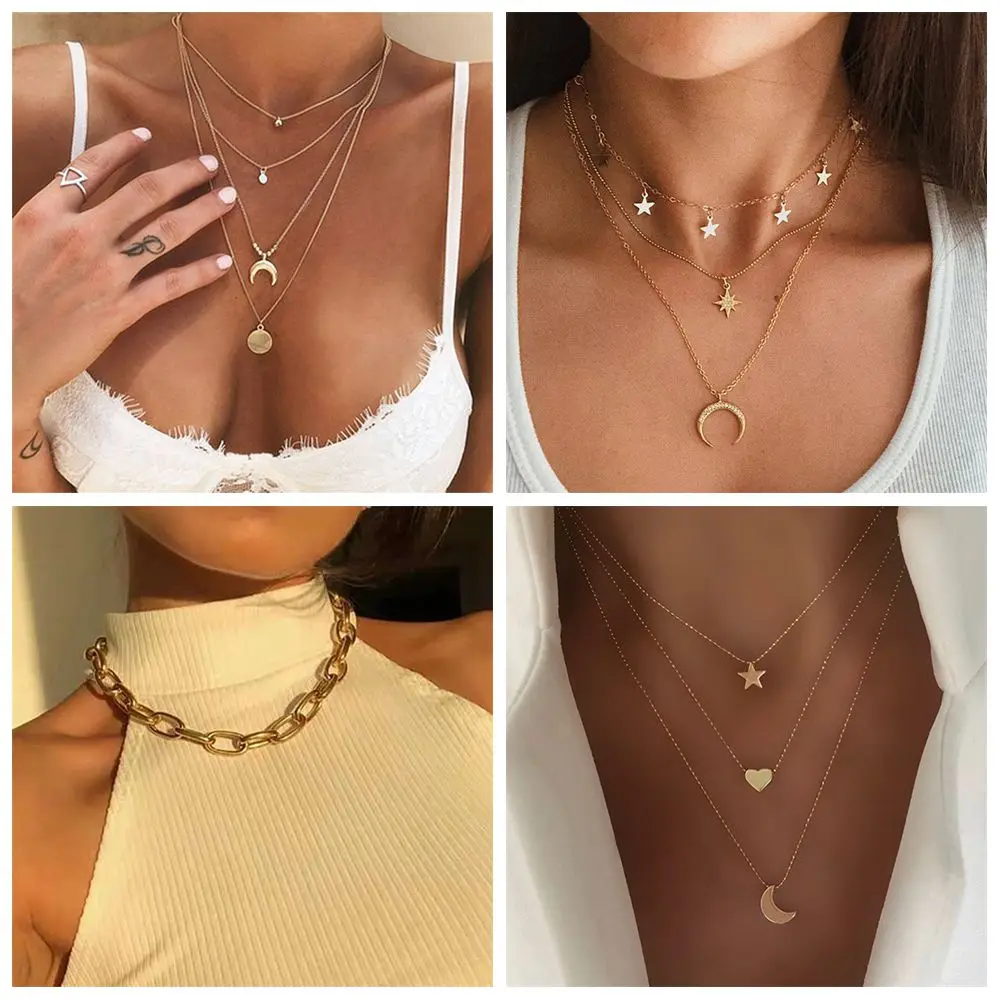 IFMIA Bohemian Multi Layered Necklace For Women Vintage Metal Star Moon Lock Coin Chain Pendant Jewelry 2020 New Gifts | Украшения и