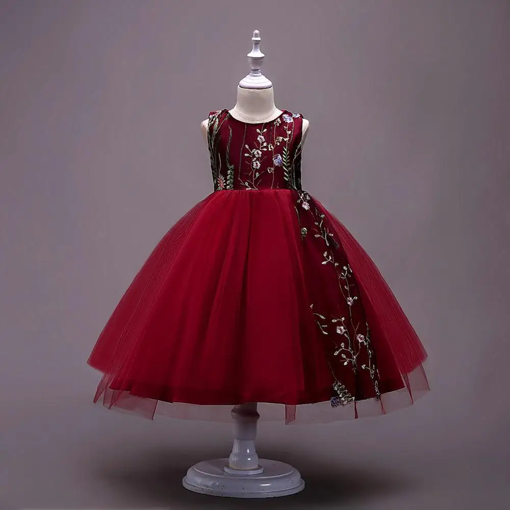 4-15 years embroidered Kids Dress For Girls Party Elegant Christmas Dresses Girl Wedding Ball Gown Children Clothing Red Black