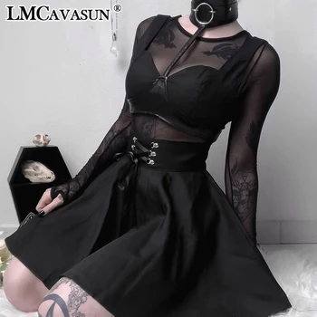 

High Waist Pleated Mini Skirts Women Gothic Punk Black Lace Up Skirt Casual Streetwear Solid Feminina A-line Party Skirt