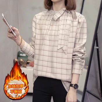 

COIGARSAM 4XL Plus Size Loose blouse women New Winter Upset Add Wool Keep Warm blusas womens tops and blouses Grid 2203