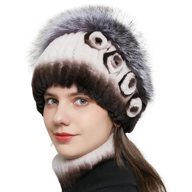 

HY-10 Winter Popular Rex Rabbit Fur Woven Straw Hat Fox Fur Warm Thickened Skullies & Beanies Women's Knitted Hat