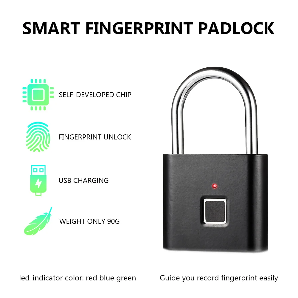 

USB Rechargeable Electronic Door Lock Fingerprint Smart Padlock Quick Unlock Zinc alloy Metal Self Developing Chip Security