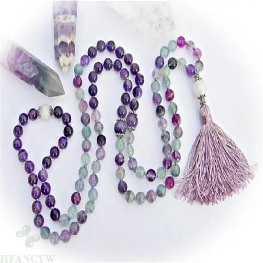 8mm fluorite Amethyst Moonstone Gemstone Mala necklace 108 Bead Reiki yoga Gemstone Meditation Fancy Veins Nepal Bless Chakas