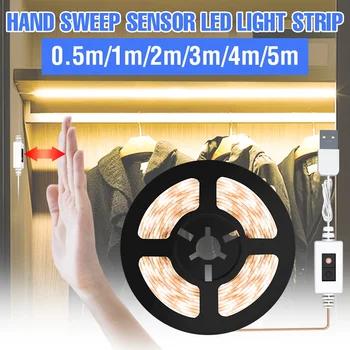 

USB 5V Hand Sweep Switch Smart Kitchen Light 1/2/3/4/5M Waterproof LED Strip Tape Under Cabinet Light Led Ribbons Wardrobe Lamp