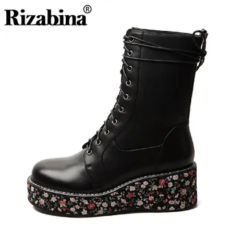 

RIZABINA Sexy Print Mid Calf Boots For Women Genuine Leather Thick Sole Lace Up Shoes Ins Hot New Women Footwear Size 33-41