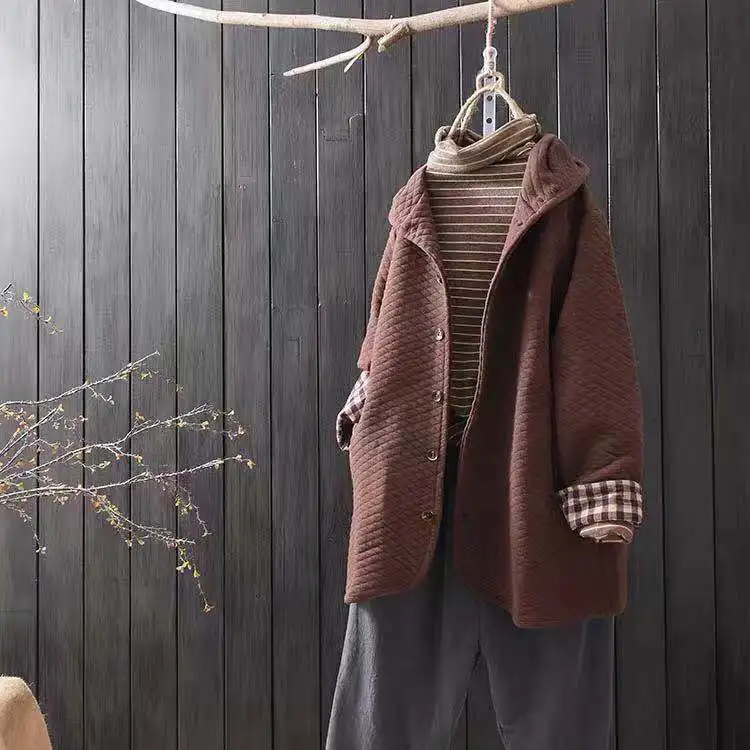 Retro Literature And Art Plaid Thick Hooded Cardigan Women's Loose-Fit Winter Compressed Cotton Quilting Coat Mid-length Long Sl