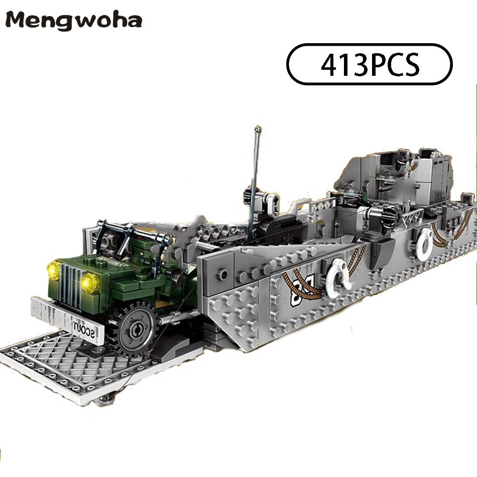  413pcs WW2 Army Building Blocks USA LCM3 Landing Ship Legoingly military bricks With 6 soldier figu