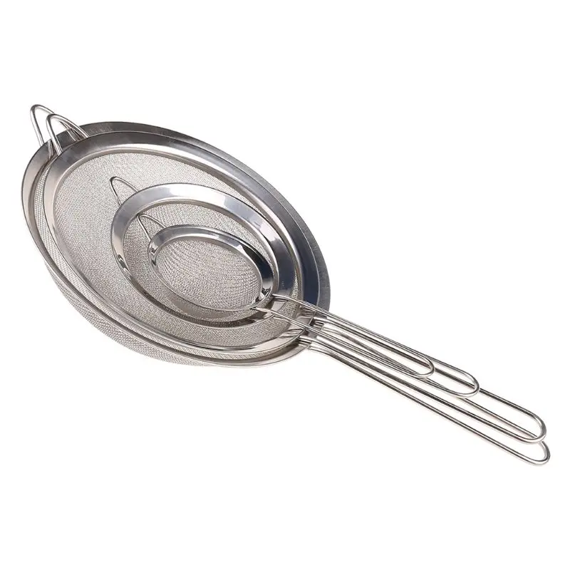 2021 New Stainless steel kitchen sieve fine mesh reinforced handle set of 4 sizes 8/12 /18/20cm |
