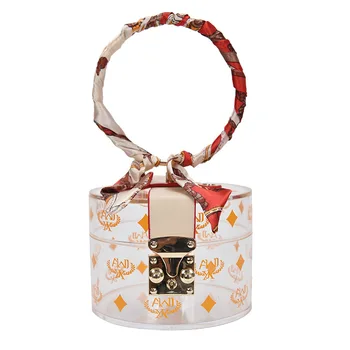 

Fashionable transparent box bag 2020 summer versatile bag new European and American metal silk scarf handheld printed personaliz