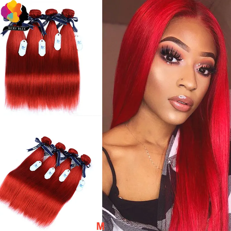 

Red Hair Bundles Brazilian Bundles Pre-Colored Human Hair Weave Bundles Remyblue Straight Hair 4 Bundles Remy Hair Extensions