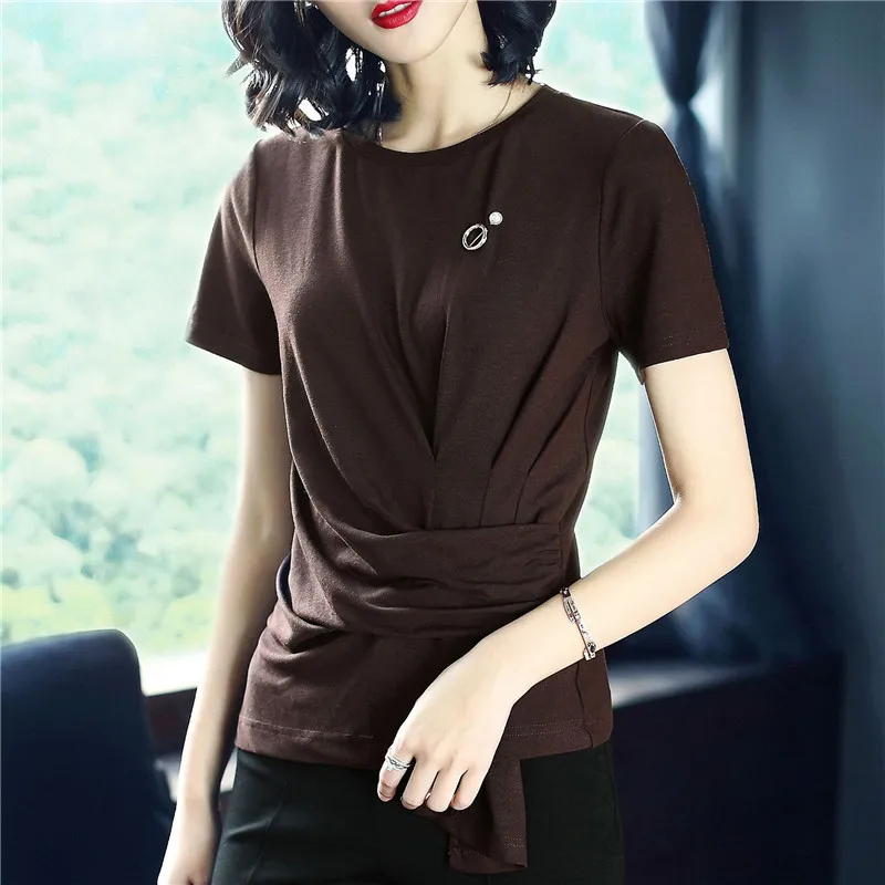 Fashion T-shirts for Women Summer Yellow Pink Short Sleeve Female Tshirt O-neck Style Irregular Top Tees YQ204 | Женская одежда