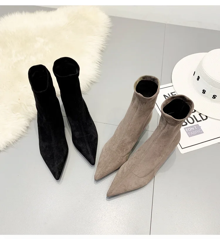 Kitten Heels booties pointed toe fashion women boots winter suede leather chelsea mid-calf martin botas stretch slip on botines