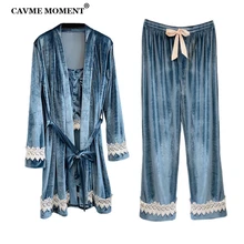 CAVME сексуальные кружевные бархатные пижамные комплекты для женщин 4 шт. элегантные дамские кимоно халат набор спагетти ремень пижамы