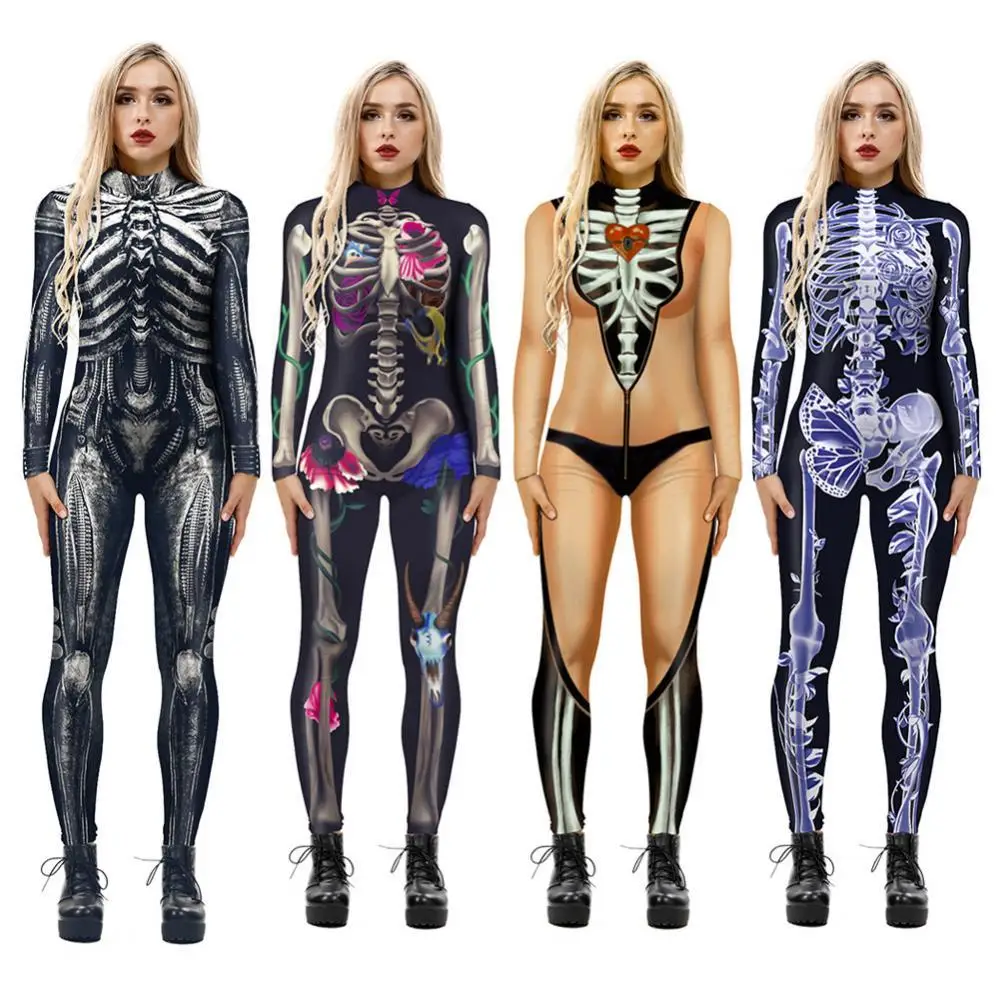 Cosplay Costume Halloween Clothing Digital Skeleton Printed Jumpsuit Bodycon Fashion Fancy Dress Party Costume Outfit 2021