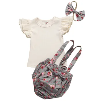 

Toddler Baby Summer Clothes Newborn Infant Baby Girls Ruffles Sleeve T-shirts+ Suspender Shorts+Headband Cotton Casual Outfits