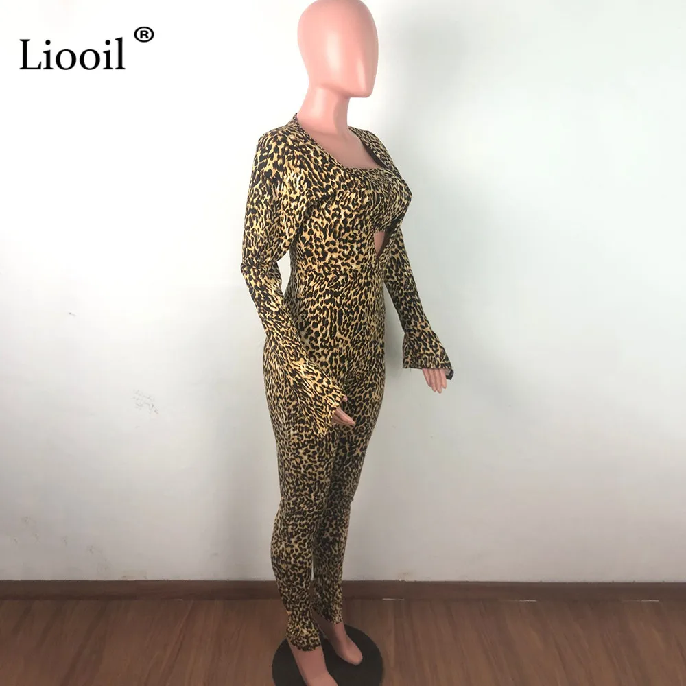 Liooil, комплект из двух предметов, Леопардовый принт, Облегающий комбинезон, с длинным рукавом, без бретелек, открытые, вечерние, сексуальные комбинезоны, женский комбинезон