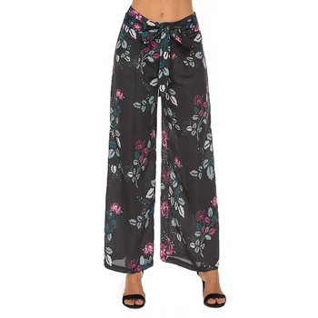 

2020 High Waist Pants Women Floral Print Pants Bandage Pleated Wide Leg Pant Casual Daily Party Beach Chiffon Pant Ladies