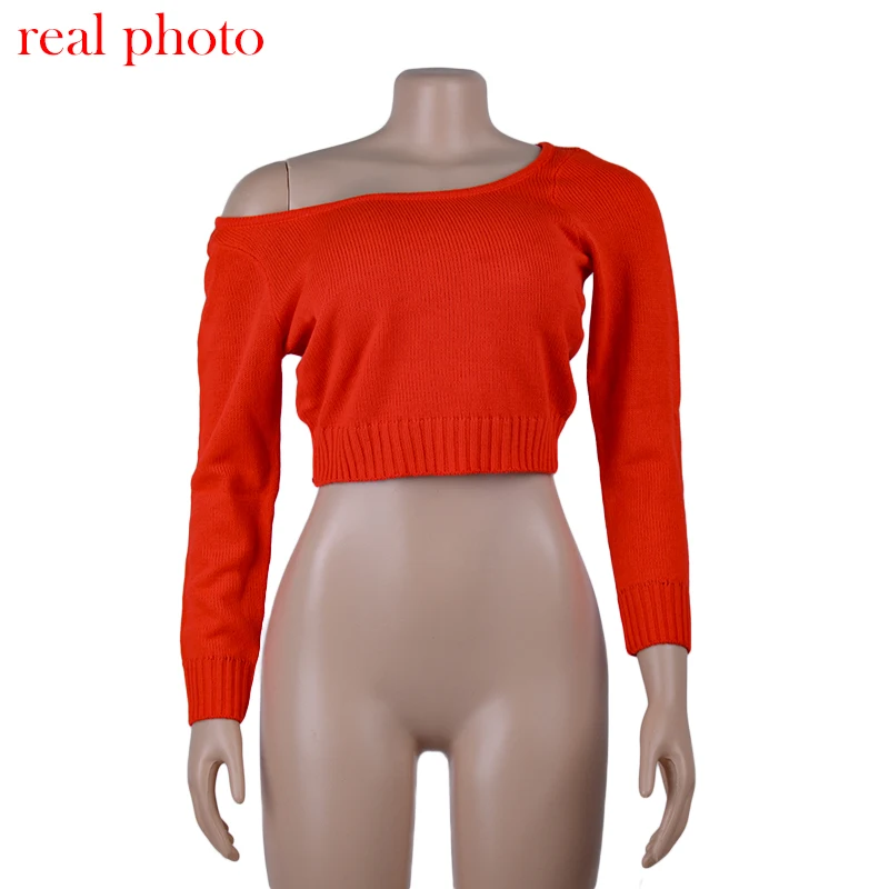 2020 Autumn Winter Pullover Sweaters Long Sleeve Solid Sexy Crop Tops Fashion Slash Neck Knitted Sweaters Female JKP3732