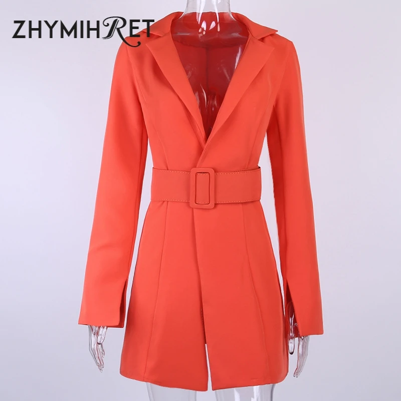 ZHYMIHRET Осень Зима V образным вырезом Блейзер Feminino длинный Сплит рукав пальто Пояс женская верхняя одежда элегантный офис леди Длинные Костюмы