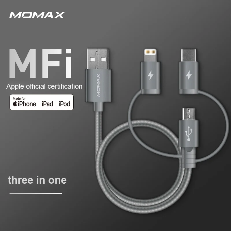 Кабель 3 в 1 Momax DX2 elite (Micro через lightning USB c 30cm) Сертификация MFI apple три вида интерфейса