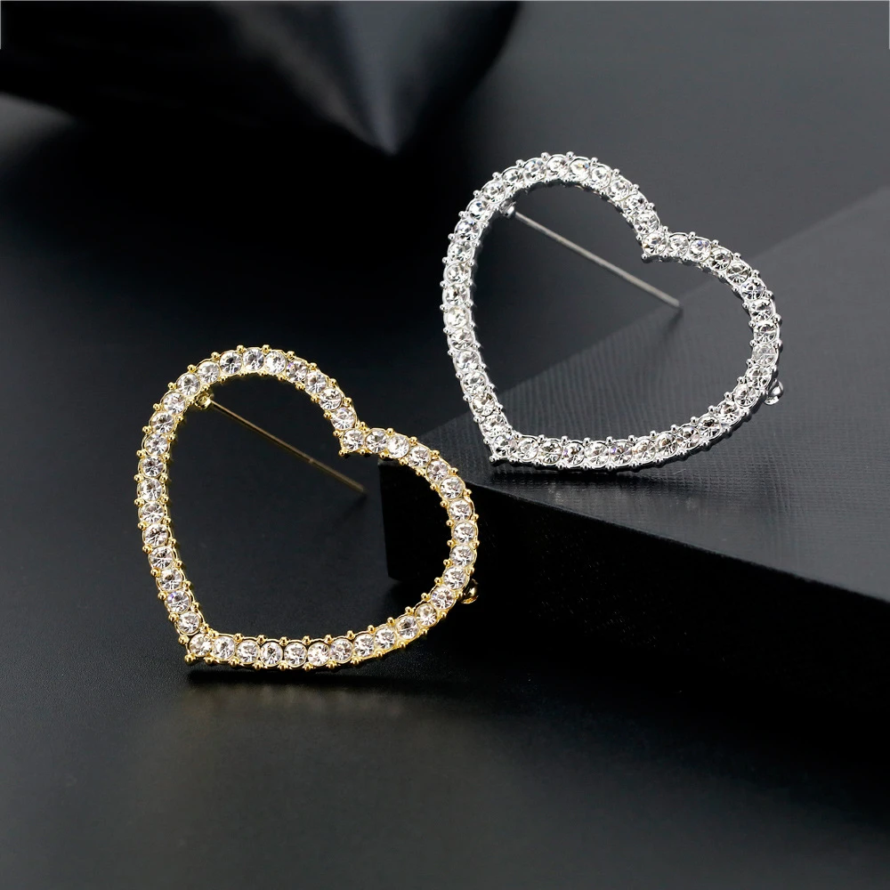 1PCS Austria Crystal Gold Silver Heart Brooch wholesale Needle Full Dress Clothing Accessories Free Delivery