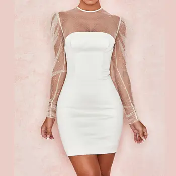 

Women Bodycon Dress 2020 Spring Summer Polka Dots See Through Long Sleeve Slim Dress Womens Party Night Club Party Fit Dress