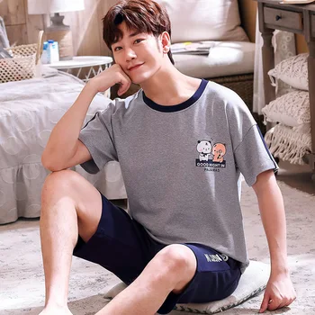 

XIFER Spring and Summer Men Pajamas Short-Sleeved Pants Cotton Korean Version Can Be Worn Outside Casual Home Service Suit