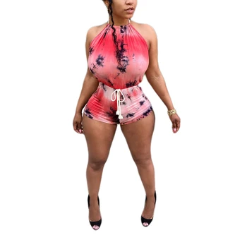 

Women Printed Playsuits Sexy Halter Rompers Tie Dye Sleeveless Open Back Tie Waist Casual Short Jumpsuit One Piece Playsuit