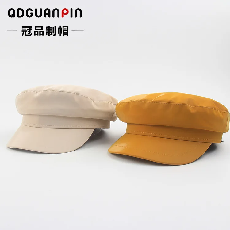 

Spring and Autumn 2019 Red PU Cortex Flat Top Lady Navy Cap,Ins Fashion, Leisure, British Temperament, Retro Lady Beret hats