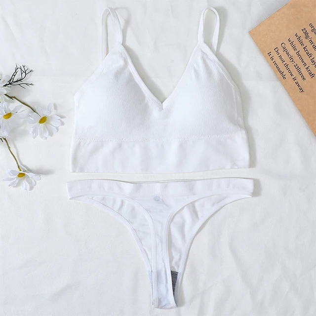 Women Bra And Panties Set Sports Bra Set Sexy G-String Seamless Bra Thong Sexy Lingerie Set Fitness Crop Top Underwear Intimates Brazilian white