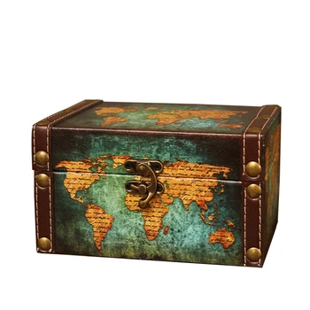 

Vintage Storage Decorative Suitcase Small Retro Wooden Box Casket Lock Desktop Storage Box Finishing Muhe Jewelry Box Green Map