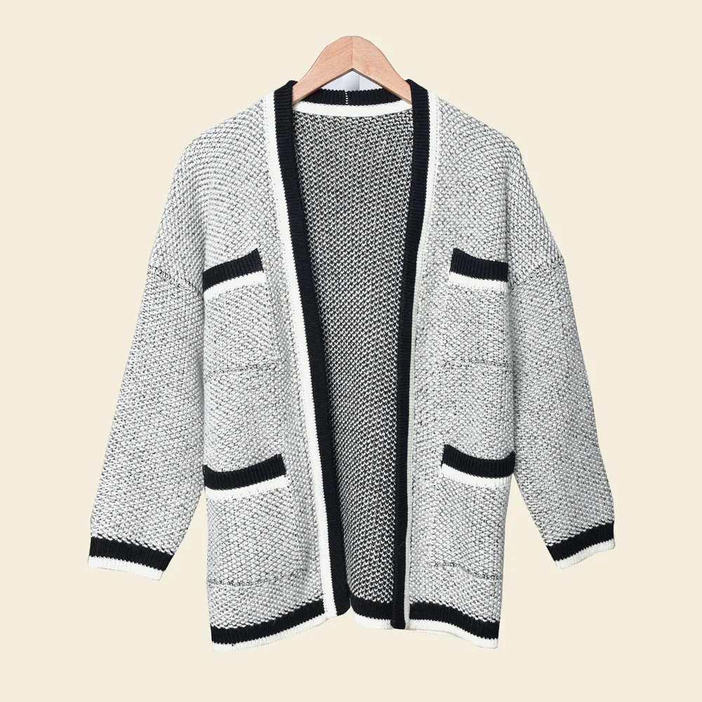 Весенний цветной контрастный передний карман свободный модный свитер кардиган
