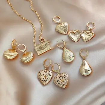 

JUST FEEL Photo Box Shell Heart Drop Earrings For Women Geometric Hollow Openable Gold Cartilage Earring Fashion Wedding Jewelry