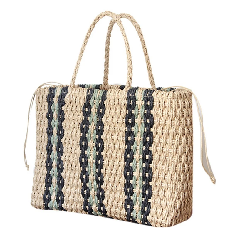 

Portable Square Stripe Straw Bag Fashion Large Capacity Woven Shoulder Bags Single Beach Bag Female Big Handbag