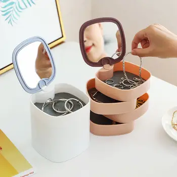 

4 Layer Rotatable Jewelry Box Ring Necklaces Organizer Case Display Storage with Mirror Women Girl Birthday Gift