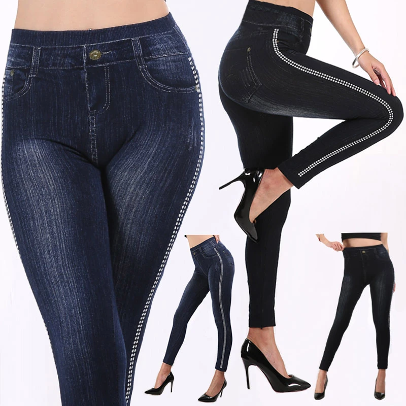 Moda de alta calidad 2019 Pantalones de mujer polainas pantalones vaqueros retro estilo de moda mujeres delgadas de cintura alta leggings Vaqueros|Mallas| AliExpress